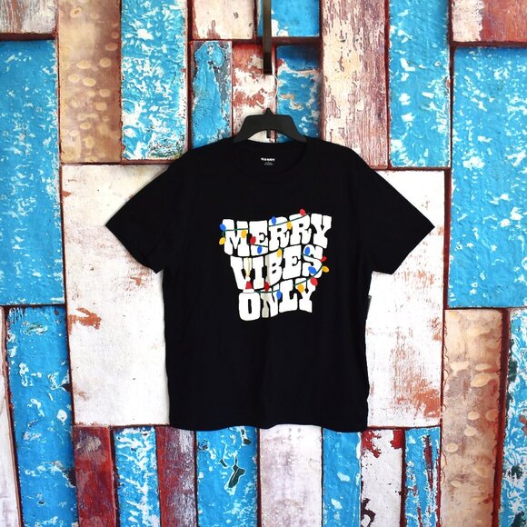 Women's Old Navy Merry Vibes Only Holiday-Graphic Tee Christmas LARGE Black - Picture 1 of 9